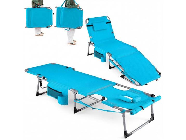 COSTWAY Chaise Longue Pliante avec Oreiller Amovible et Cavité Faciale Dossier Réglable à 5 Positions 150 kg Bleu Clair