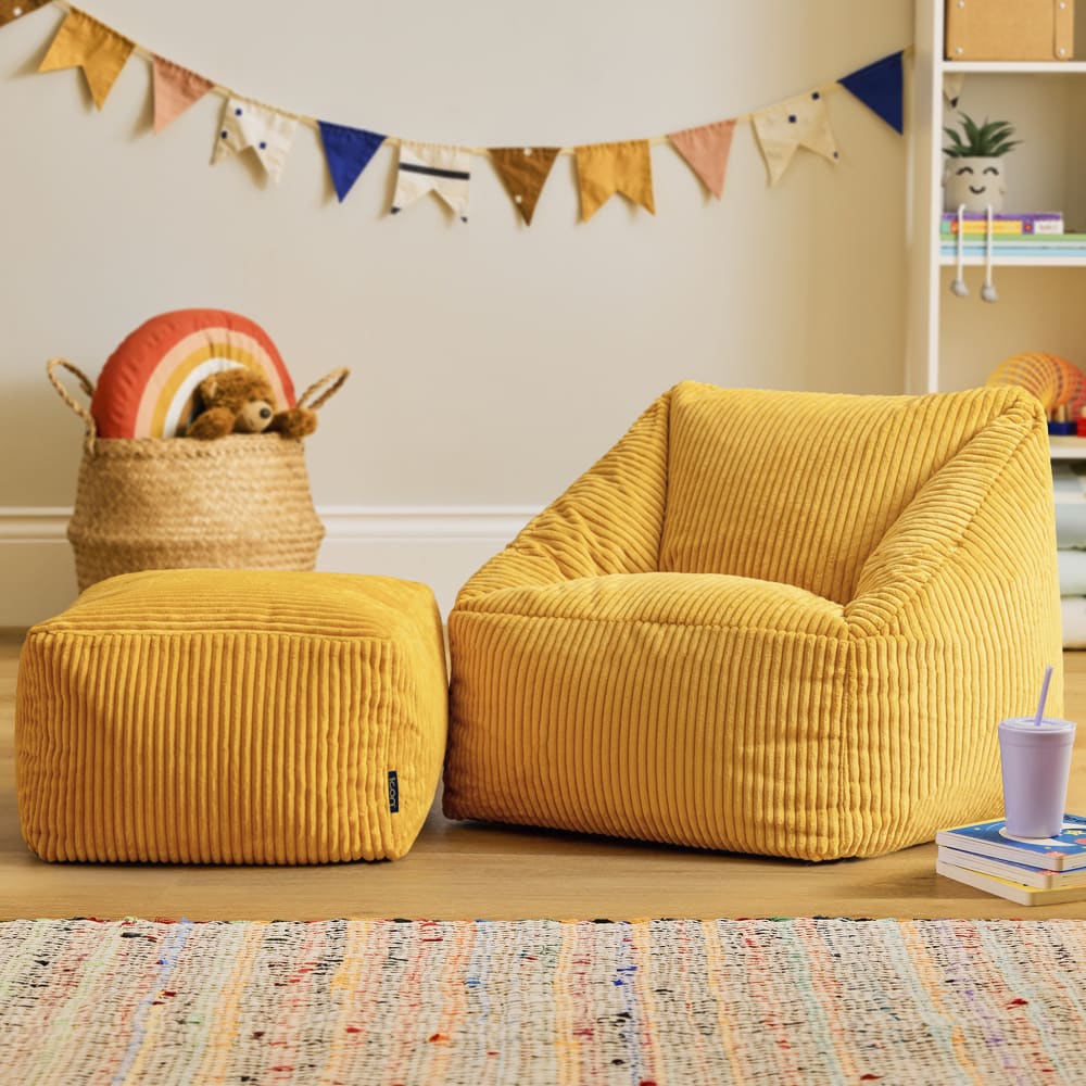 Icon Pouf fauteuil enfant et repose-pieds carré velours côtelé jaune ocre Jaune 55x50x55cm