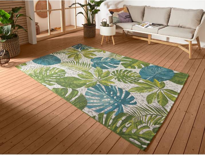 Outdoorteppich HANSE HOME Tropical Leaves , bunt (türkis,grün), B:240cm H:3mm L:340cm, Polyester, Polypropylen (PP), Teppiche, Outdoorteppich, In-& Outdoor, Wetterfest, Balkon, Garten, Wohnzimmer, Floral, Palme