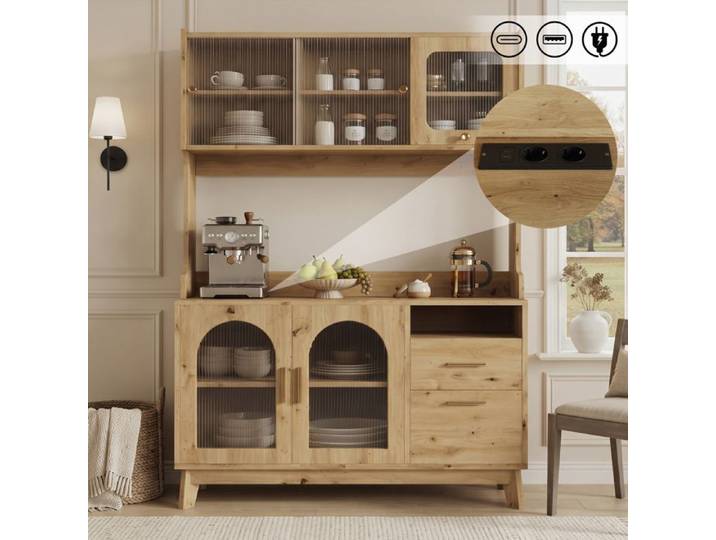 Buffet de cuisine haut EVRYAE 120 x 40 x 178 cm rangement multi-niveaux prises intégrées aspect bois