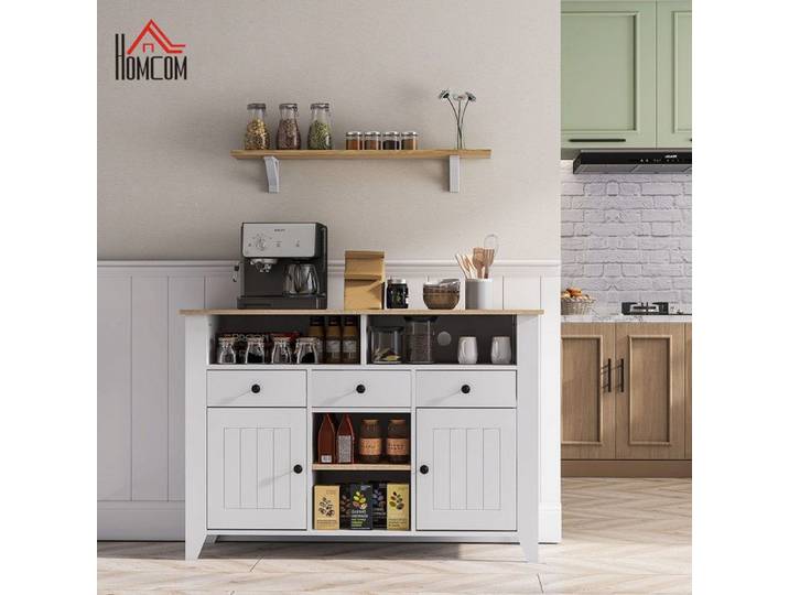 Buffet de cuisine - Meuble TV 50  - 3 tiroirs - 2 portes - Blanc plateau chêne