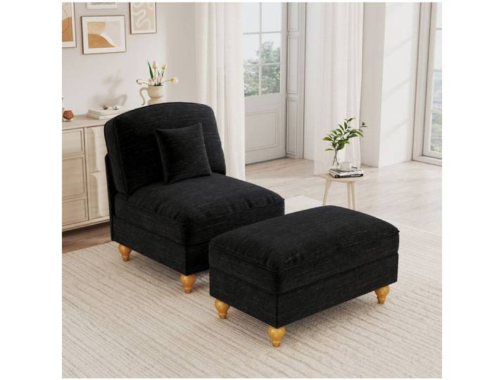 MEULVA Fauteuil lounge 1 place en chenille noire avec repose-pieds mobile et coussin