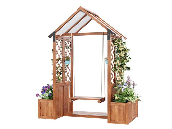 Komhtom Blumenkasten mit Spalier als Kletterhilfe，Braunes Massivholz, Holz, Holz Optik, Rechteckig, 70x163x142 cm, Dekoration, Blumen & Blumentöpfe, Übertöpfe
