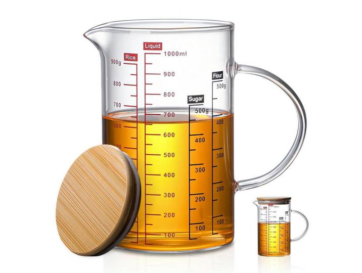 Messbecher 1000 ml Borosilikatglas mit Deckel und Ausguss, Transparent, Glas, Backen & Backzubehör, Messbecher