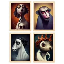 POSTER Set mit 4 Neugierig Tier im T Burton Goth Stil A3 Rahmen aus hellem Holz