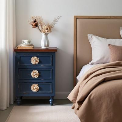 VIVIADORE Vintage Farmhouse Nightstand with 3 Drawers,with Floral Decorative Knobs and Gourd Legs