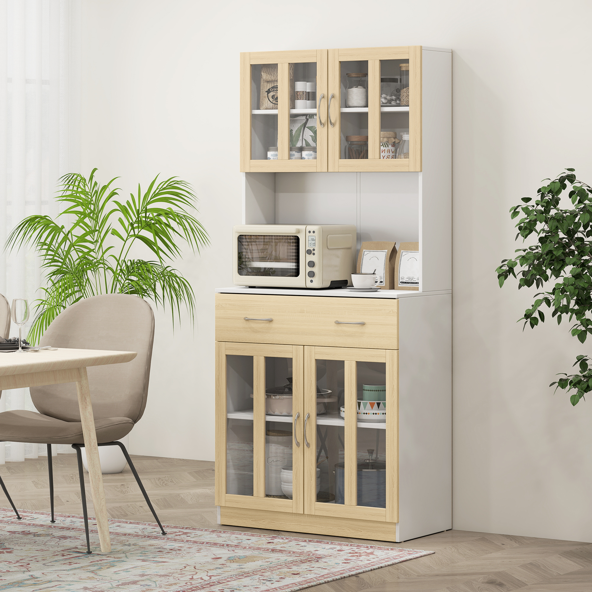 Homcom Credenza Cucina Armadio da 180cm con Ante in Vetro, Credenza Alta con Struttura in Legno, Cassetti e Armadietti, Bianco Aosom