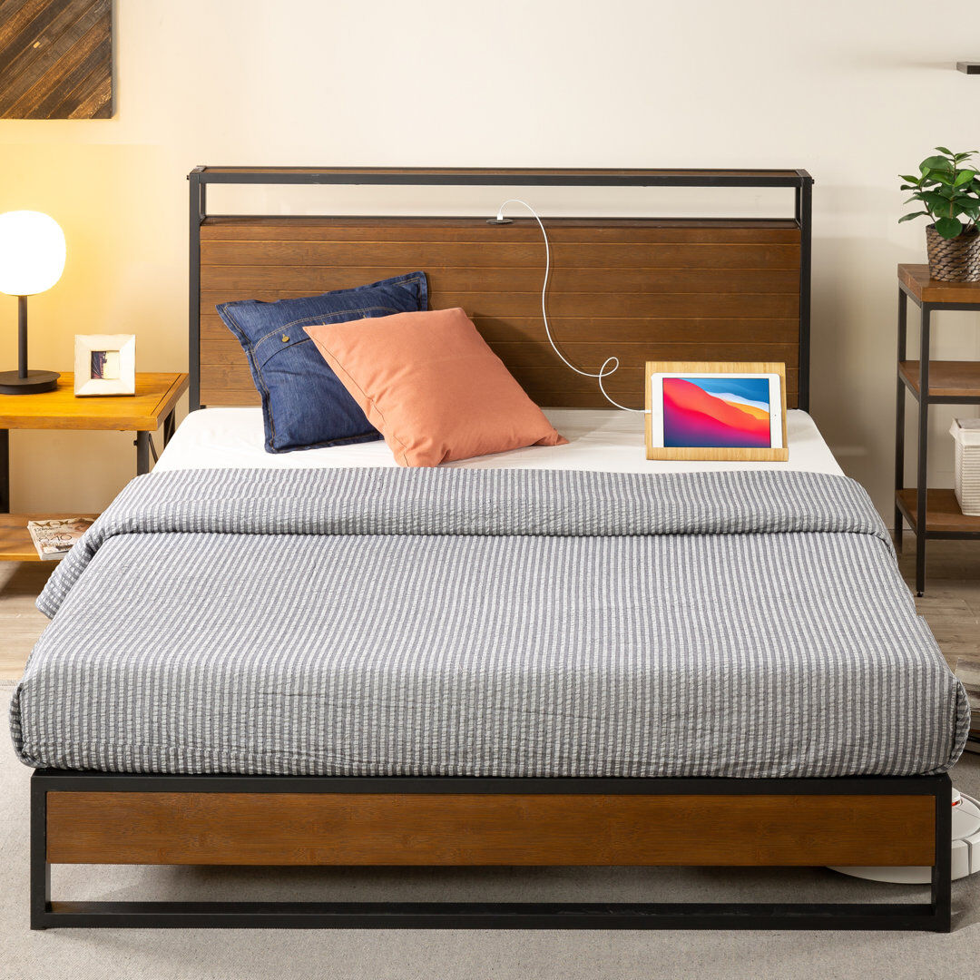 Blue Elephant Cara Platform Bed Frame with Wood Slatted Headboard and USB Charge Black Double (4'6)