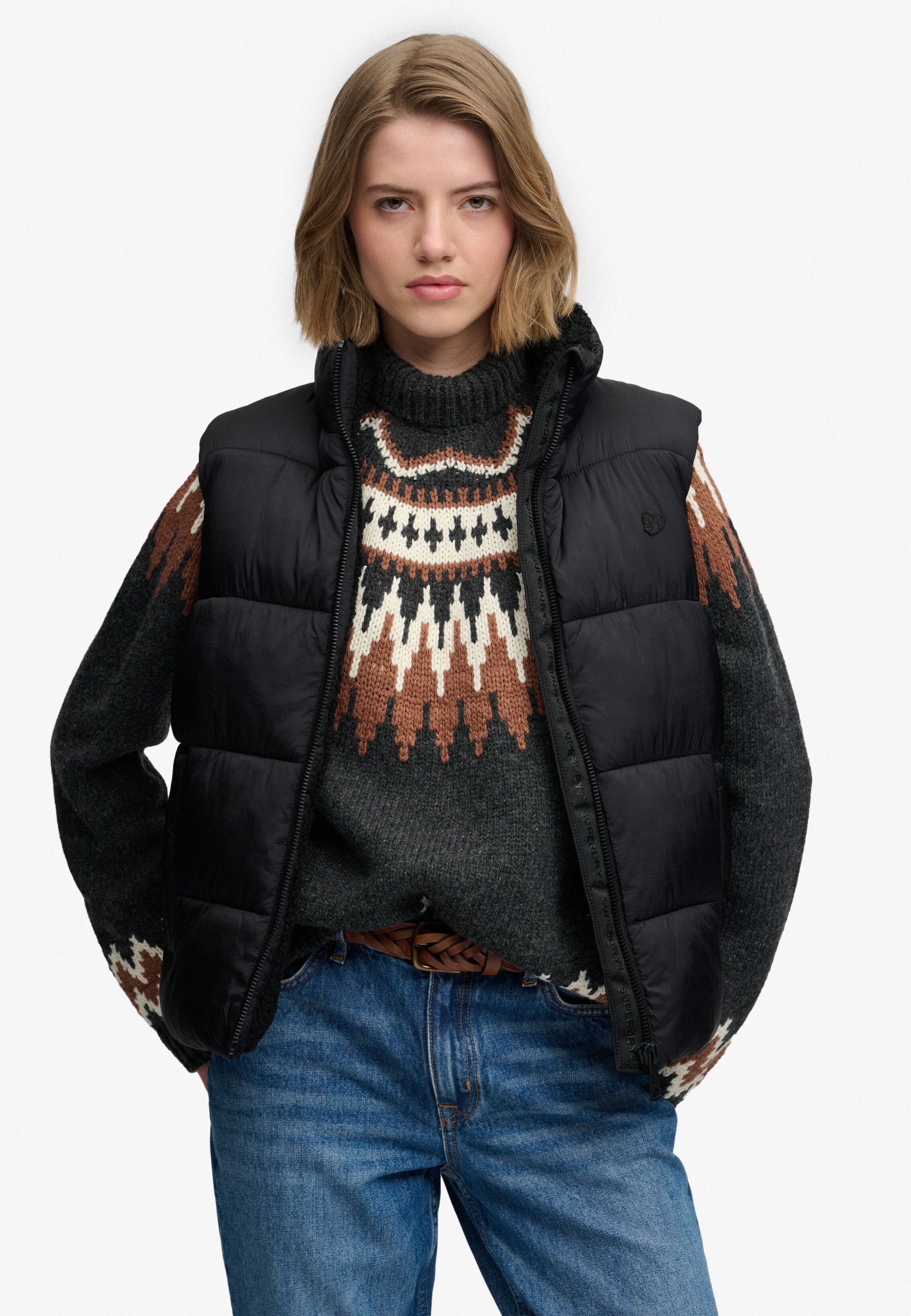 Steppweste SUPERDRY "BORG LINED GILET", Damen, Gr. S, schwarz, Web, Obermaterial: 100% Nylon, unifarben, regular fit normal, Westen Steppweste, Kunstfaser, regular fit schwarz S