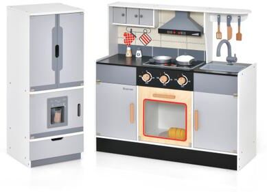 Costway Wooden Chef Play Kitchen and Refrigerator with Realistic Range Hood and Roaster