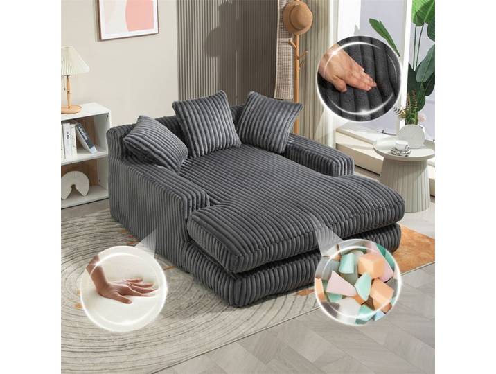 DRIPEX Canapé-lit moderne en velours côtelé avec 3 coussins moelleux Canapé Paresseux Gris 125×155×63cm