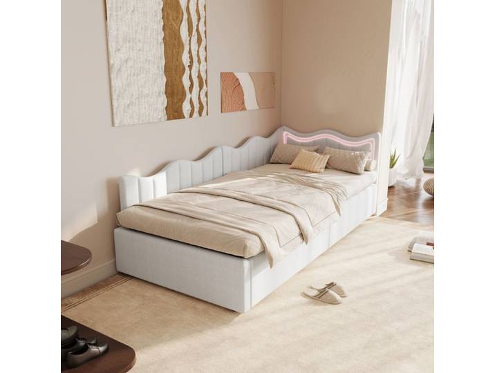 Lit enfant 90x200 cm ADWOLT lit coffre 90x200 avec LED Canapé lit avec sommier à lattes Structure de lit Velours Blanc