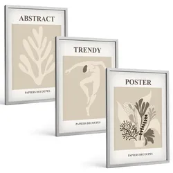 BILDER SET 3er Set - 40x60 cm Silberner Rahmen - Blumenmuster beige braun