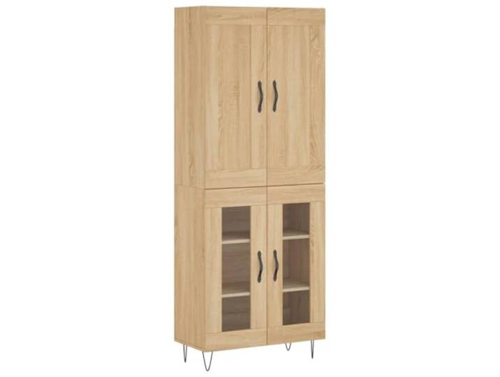 Fisinber Highboard Sonoma-Eiche 69,5x34x180 cm Kommode Schrank Zweiteiliger Mehrzweckschrank mit Glas-Elementen und stabilen Eisenbeinen für Wohnzimmer oder Flur.