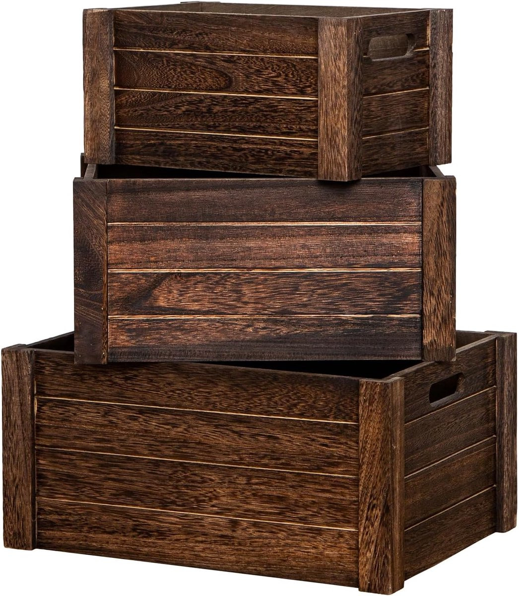 Set van 3 grote vintage zwarte houten kisten voor decoratieve opslag