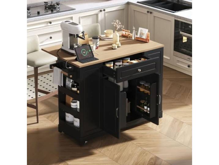 Fiednoy Kücheninsel mit Rollen Steckdosen und Abfallbehälterfach，Weiß Mobile Arbeitsfläche, Ausziehbarer Essbereich, Schubladen, Smart Kitchen,131,8x 40x93,3 cm