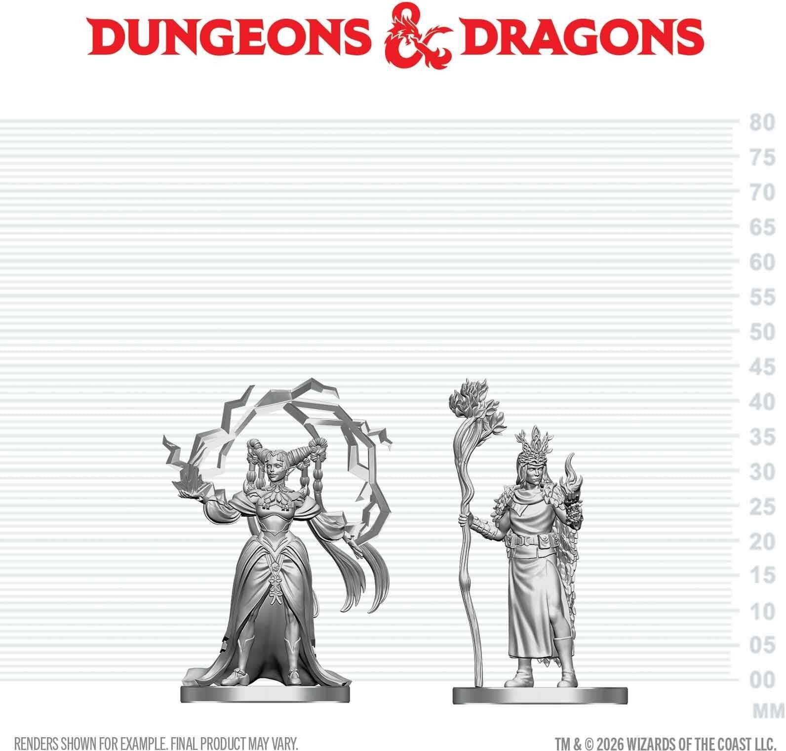D&D; Nolzur's Marvelous Unpainted Miniatures: Human Druid ; Elf Sorcerer (W29) for Tabletop Role-Playing Games, Unpainted, Wiz Kids LLC