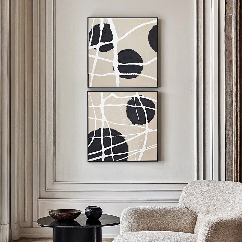 Layla Abstract Monochrome Beige & Black Square Framed Canvas Wall Art - Set of 2