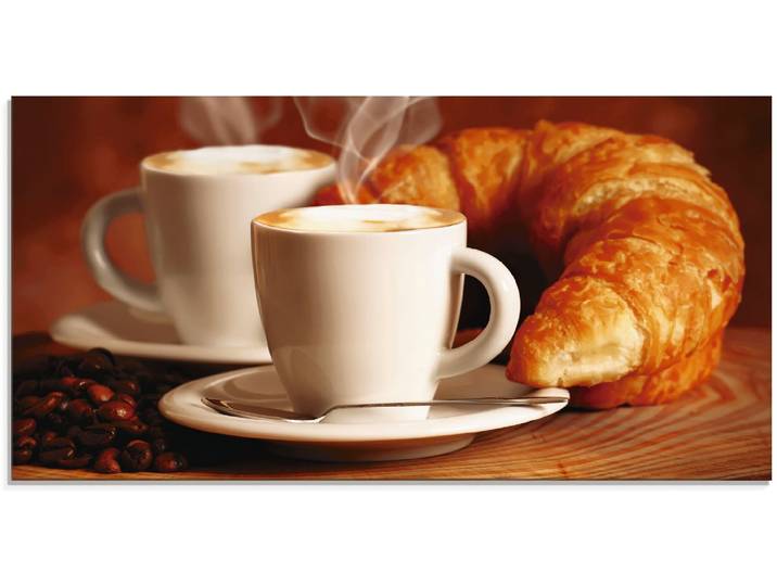 Glasbild ARTLAND Dampfender Cappuccino und Croissant , braun (farbe bild(er): braun), B:60cm H:30cm, Bilder, Glasbild, in verschiedenen Grössen