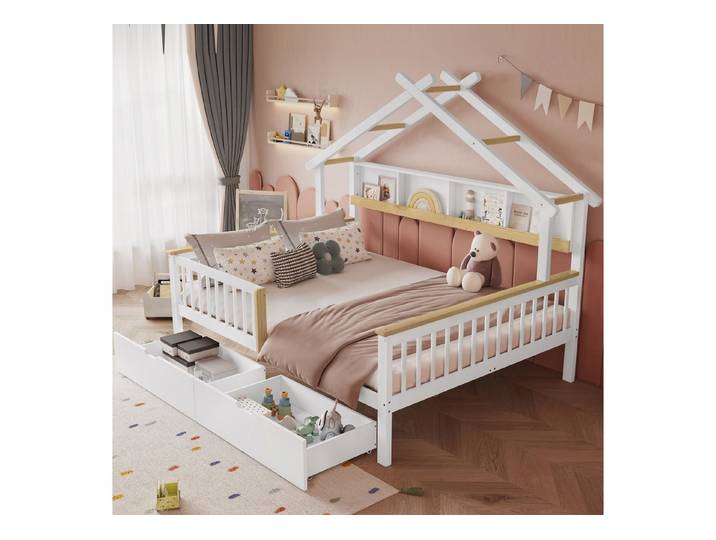 REDOM Kinderbett Holz-Plattformbetten in Hausform (mit einzigartigem Blockhausdesign – Mit Fallschutz & Gitter, Zwei Schubladen, 1-tlg., 218.5x146.5x152cm)