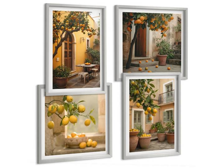 Tulup Bilder SET 4er Set - 50x50 cm & 40x60 cm Silberner Rahmen - Zitrusgarten in der Sonne, Silberfarben, Kunststoff, Rechteckig, 50x50 cm, gerahmt, Bilder & Rahmen, Bilder