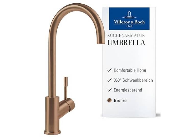 Villeroy & Boch Umbrella Küchenarmatur, Auslaufhöhe 275 mm – Bronze Energiesparende Kaltstart-Funktion, 360° Schwenkbereich, wassersparend, Hochdruck, 92530004