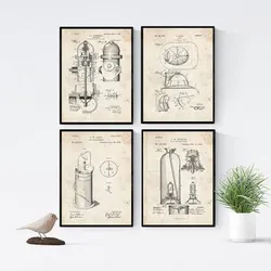 POSTER Set mit 4 Jahrgang Feuerwehr Patent A4 Schwarzer Rahmen