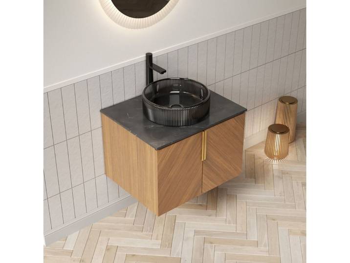 Maisentiel Meuble sous vasque mural 61 cm avec vasque ronde en verre noir et plan en pierre frittée