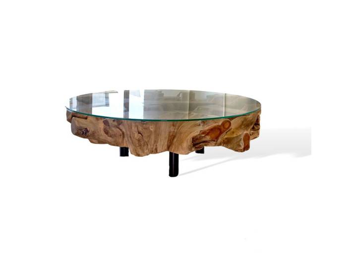 Möbel Bressmer Couchtisch NAGA Teakholz Couchtisch mit Glasplatte – Handgemacht Couchtisch rund, Unikat