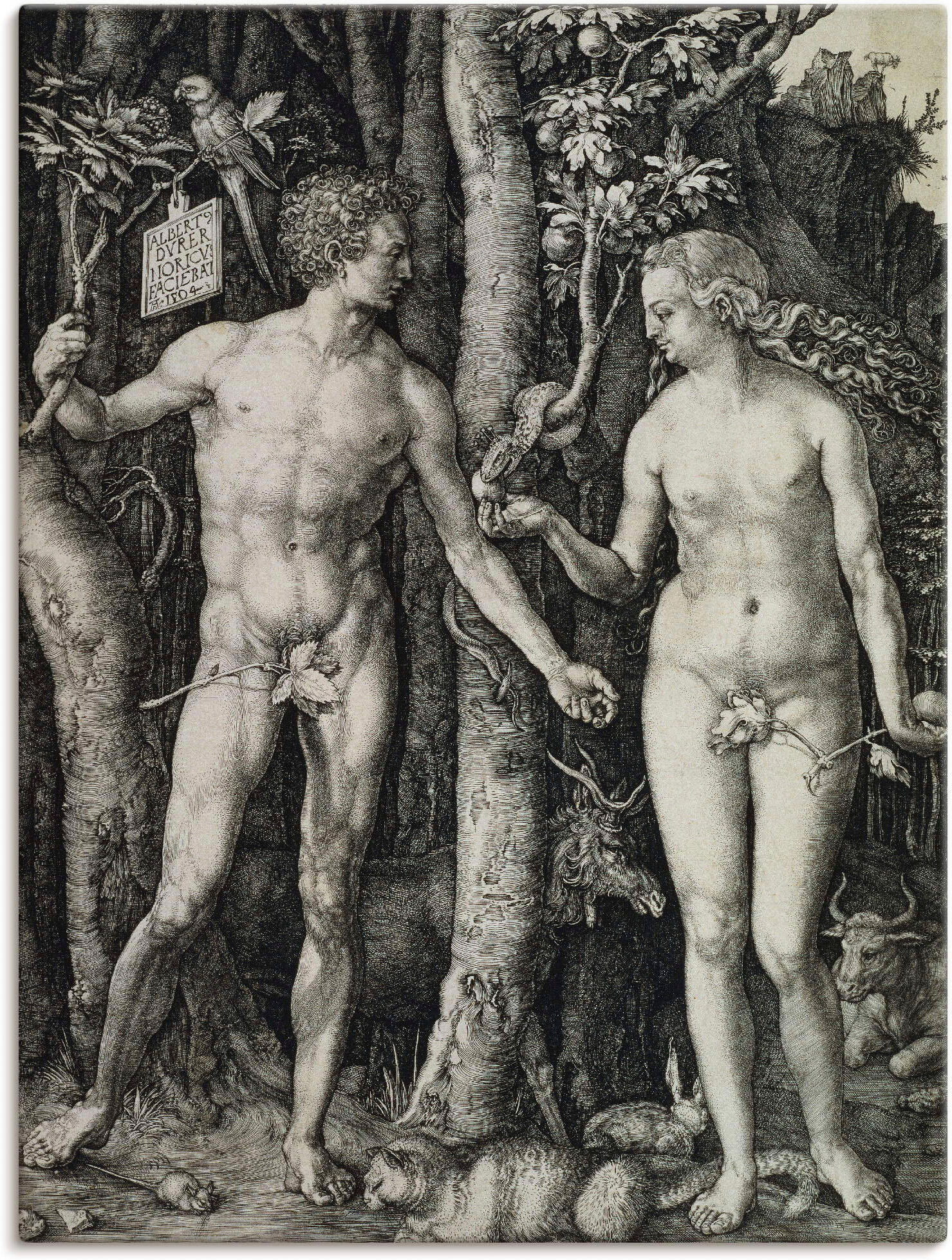 Leinwandbild ARTLAND "Adam und Eva. 1504", schwarz (farbe bild(er): schwarz), B:60cm H:80cm, Bilder, Leinwandbild, auf Holzrahmen gespannt farbe bild(er): schwarz B/H/T: 60cm x 80cm, Leinwandbild Religion Hochformat, 1 Stk.