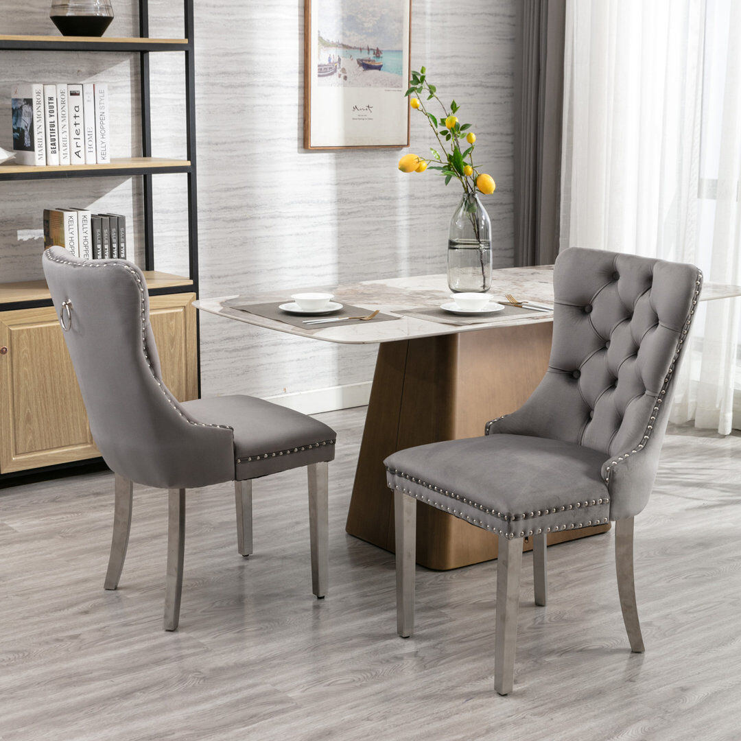 Rosdorf Park Knocker Ring Wing Back Velvet Dining Kitchen Chairs Grey/Silver 95cm H X 50cm W X 62cm D