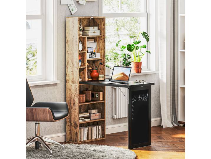 HOMCOM Bureau Pliable avec Bibliothèque et Tableau Noir, Marron