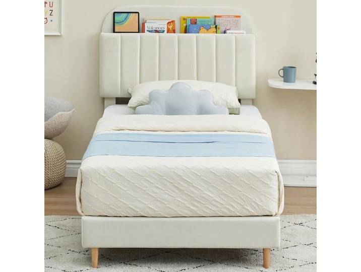 Lit double velours beige tête bibliothèque plateforme enfants sans ressort