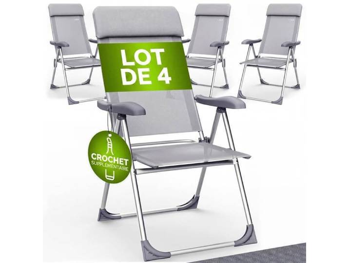 Set de 4 chaises de jardin CASARIA® pliantes en aluminium avec accoudoirs Dossier haut réglable en 7 positions Chaises de camping