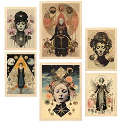 POSTER Set Mit 6 Surreale Feminine Im Mystischen Esoterischen A3 & A4 Rahmen Aus Hellem Holz
