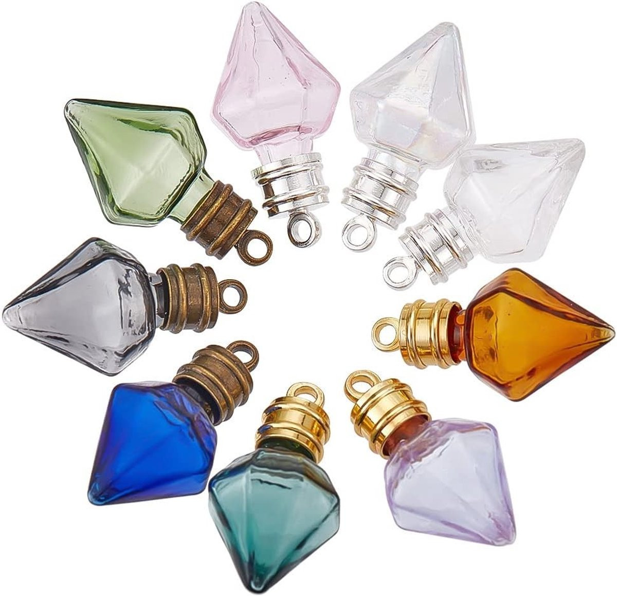 Set van 9 gekleurde glazen miniatuurflesjes voor DIY sieraden en feestdecoratie