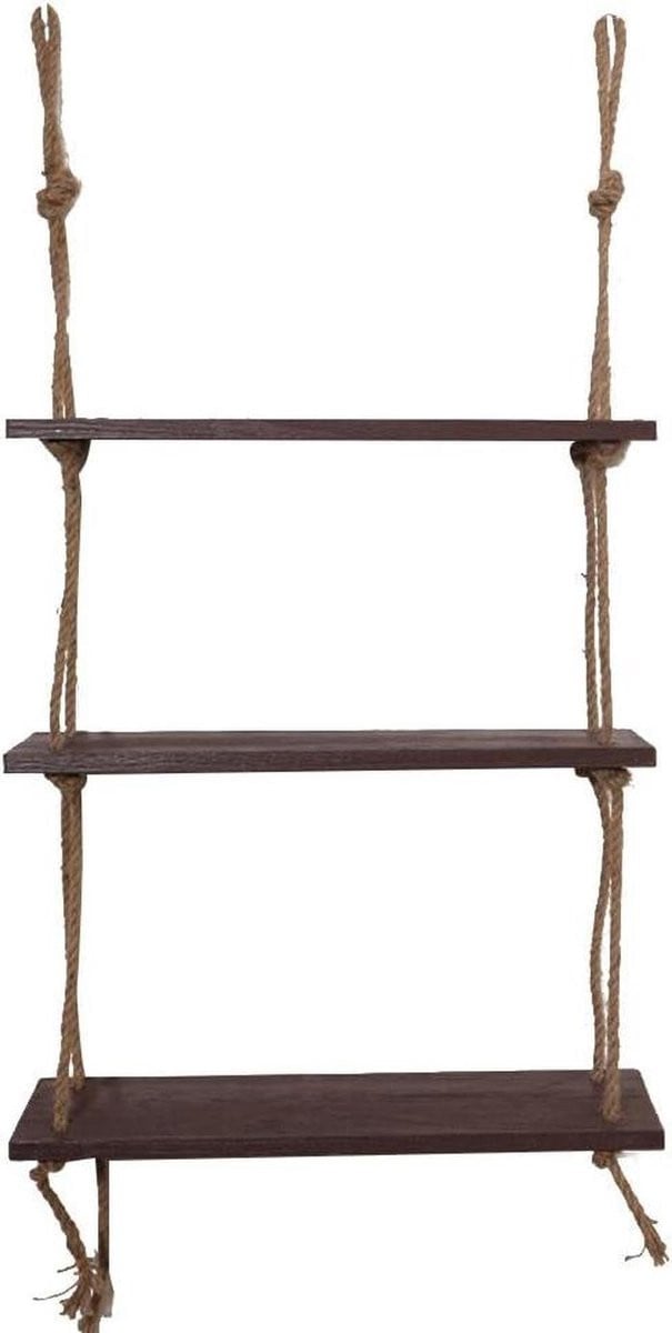 Houten Hangplank Donkerbruin - Zwevende Plank met Touw - Drievoudige Laag - B: 45 cm, D: 14 cm