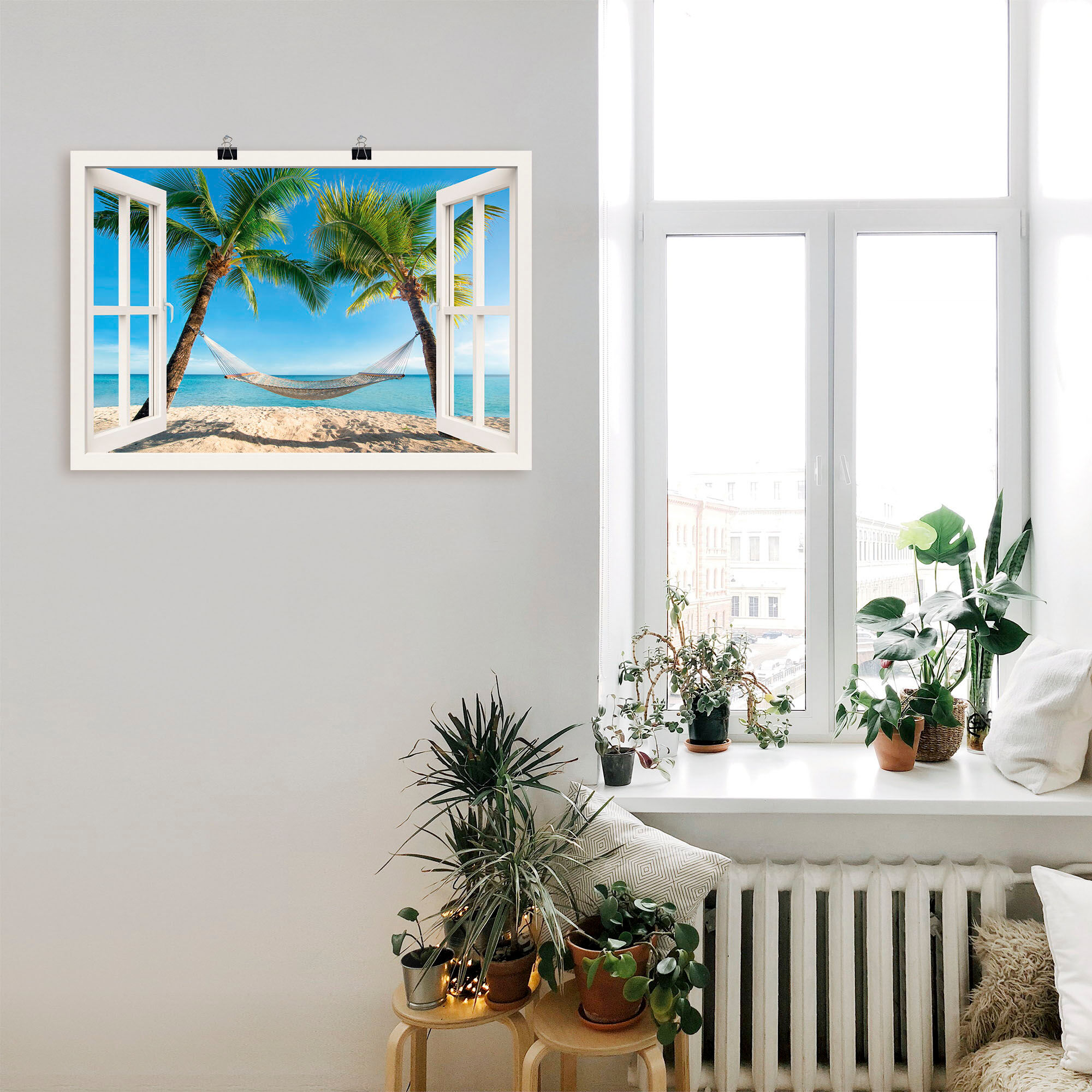 Wandbild ARTLAND "Fensterblick Palmenstrand Karibik", weiss (farbe bild(er): weiß), B:100cm H:70cm, Bilder, Wandbild, als Alubild, Poster in verschied. Grössen farbe bild(er): weiß B/H/T: 100cm x 70cm, Poster Amerika Querformat, 1 Stk.