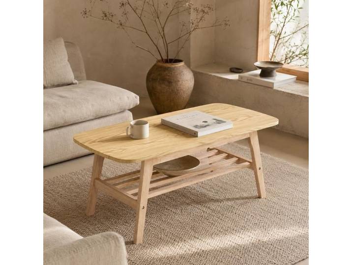 WUVRIE Table basse rectangulaire 100 cm en bois double niveau avec étagère ouverte coloris bois pour salon