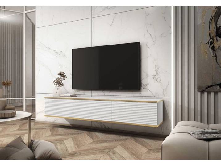 Meuble TV - MUCALMA - 175 cm - façade à lamelles - blanc avec inserts dorés