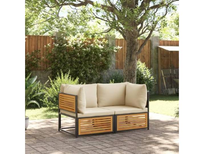 WDGJJFECNMUEHI Bois massif Acacia robuste Ensemble 2 canapés 2 pièces Brun Salon de jardin avec coussins 2 pcs bois massif acacia, Ensemble canapé exterieur 2 places avec coussins amovibles, robuste