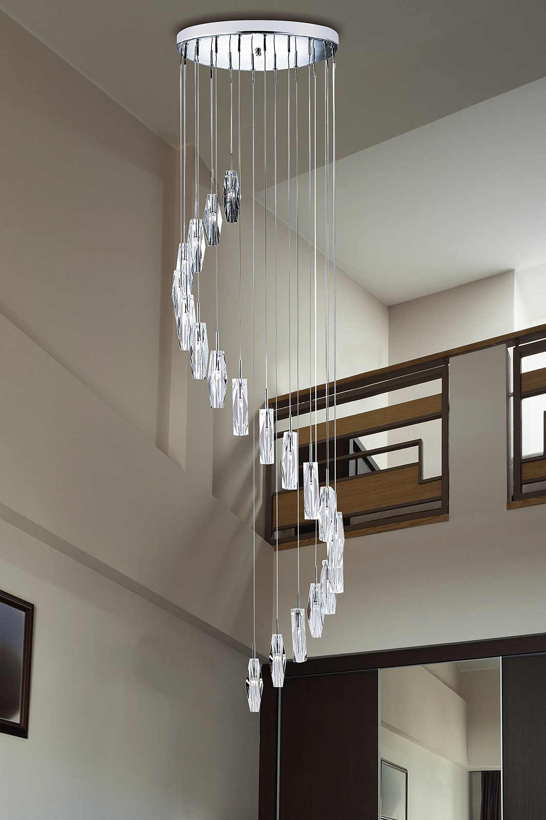home24 LED-hanglamp Sculptured Ice, zilver en chroom, kristalglas en staal, B: 48 cm, D: 15 cm, H: 48 cm