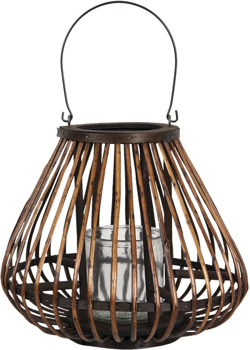Clayre & Eef Windlicht Bruin Hout Ø 36 cm, Hoogte: 30 cm