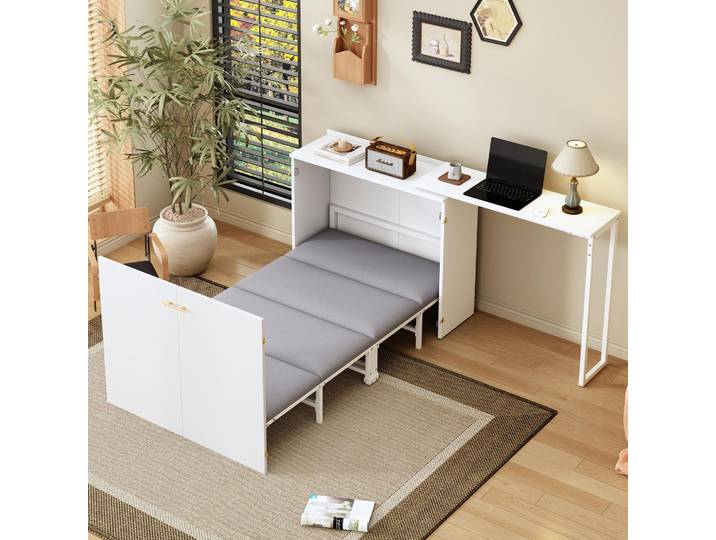 STILVORA Klappbett mit drehbarem Schreibtisch und Matratze, Schrankbett platzsparend mit Rollen, Einzelbett für Gästezimmer und Homeoffice
