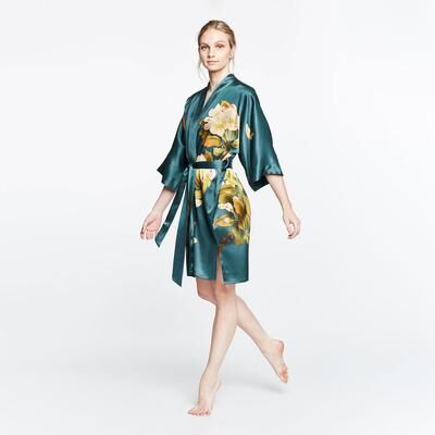 KIM + ONO Washable Silk Peony & Butterfly Kimono Robe, Short   KIM+ONO - vintage teal / one size