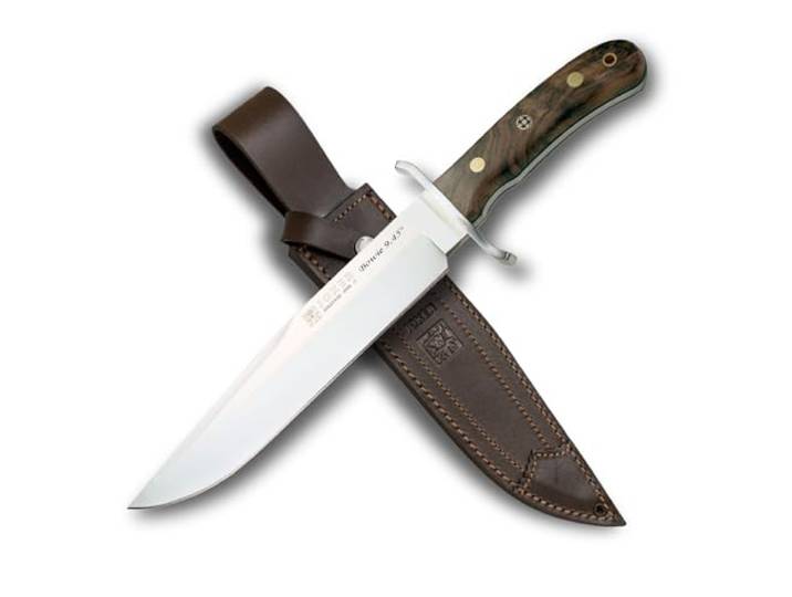 Joker Bushcraft 9.45 CN139 – Vollerl, Edelstahl-Parierstange, Walnussholzgriff, 24 cm Klinge, 505g – Outdoor-Messer für Jagd, Angeln, Camping, Wandern – mit Lederscheide