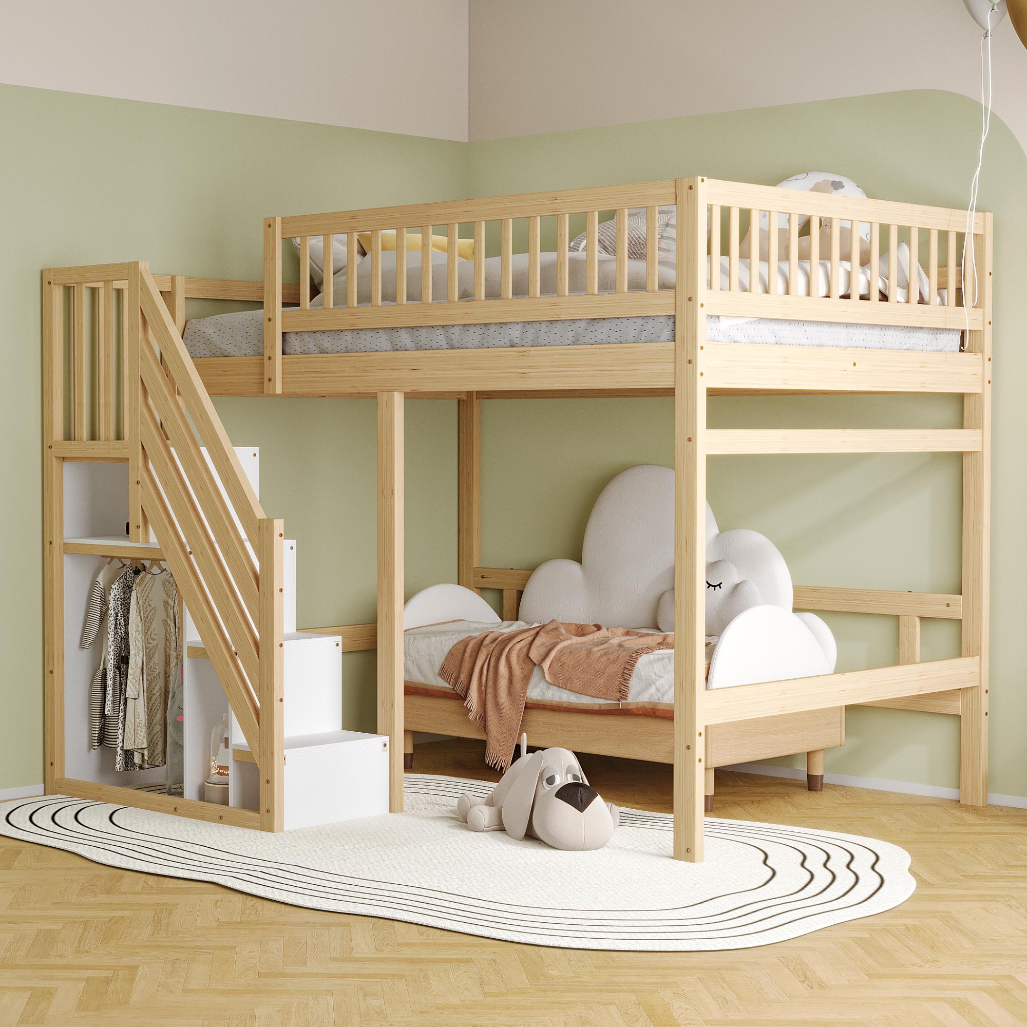 Fortuna Lai Massivholzbett 140*200, Treppe mit Stauschrank, hohes Geländer, Kinderbett, Jugendbett, Massivholzbettgestell, Holzfarbe (Vecchio SKU: LDB00165AAN)