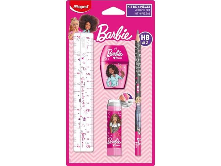 Maped - Set de Papeterie Barbie 4 Pièces - Règle\, Gomme\, Taille-crayon