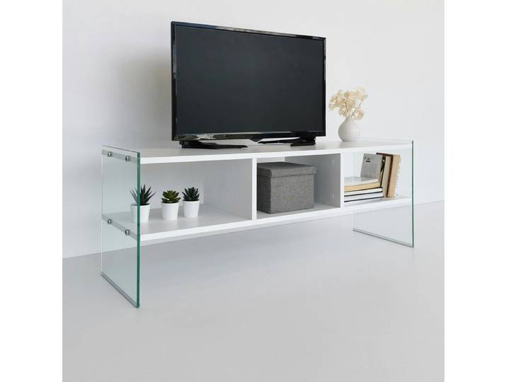 Meuble TV design 2 niveaux pieds verre SALTA - Blanc