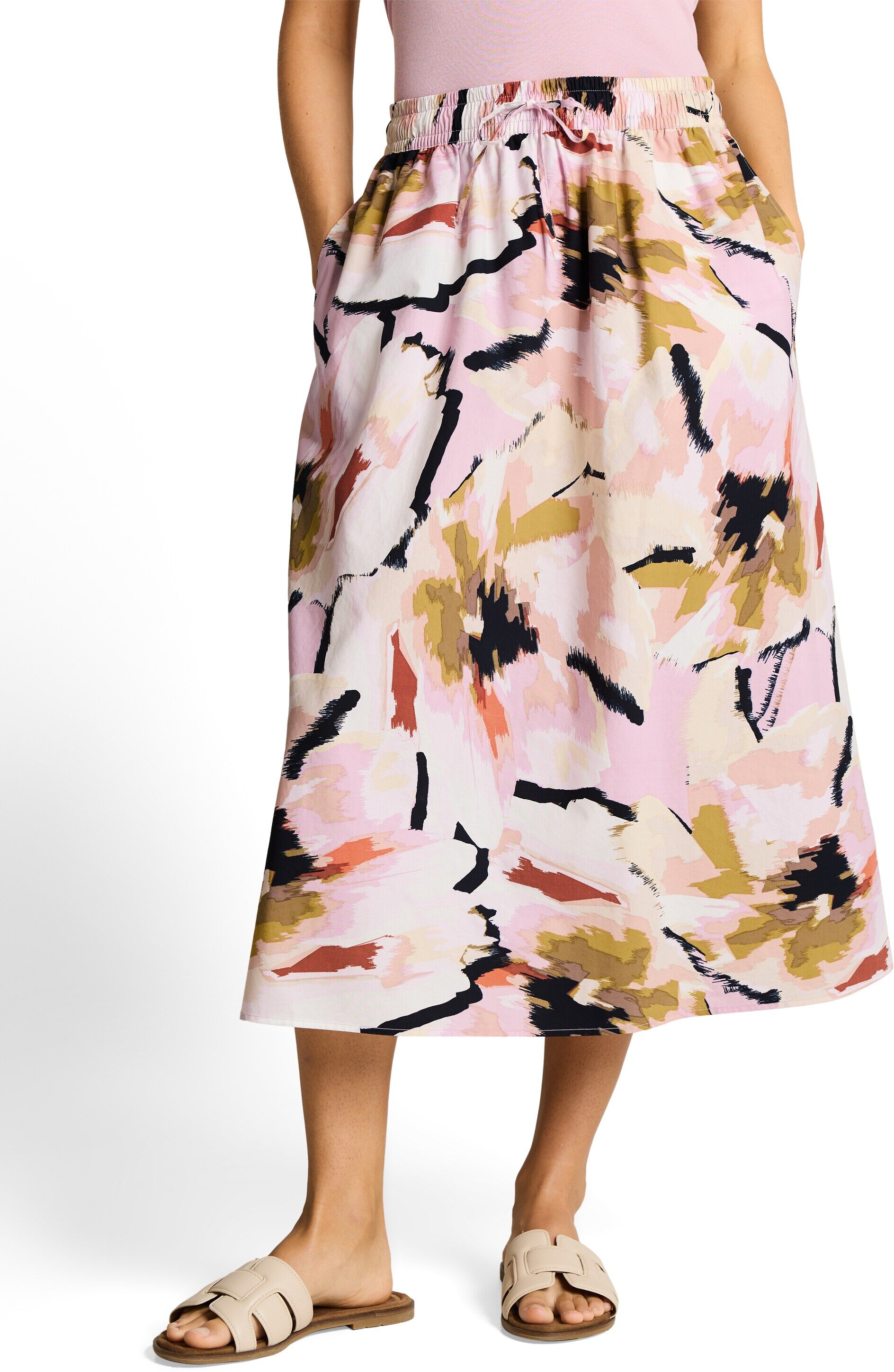 Webrock TOM TAILOR, Damen, Gr. 40, bunt (big abstract flower print), Web, Obermaterial: 70% Lyocell, 30% Baumwolle, geblümt, bequem 3/4-Länge, Röcke Webrock, mit Gummizug und Bindeband
